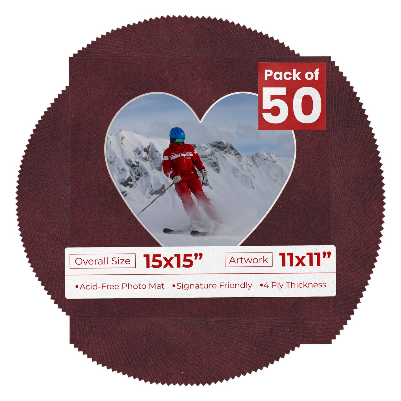 Dark Red Suede Mat Board for 15x15 Frames - Heart Opening for 11x11 Photos